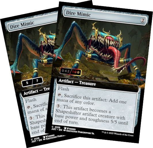 Two example cards, one serialized in grayscale with 5/7, one in colored gradient with 42/100